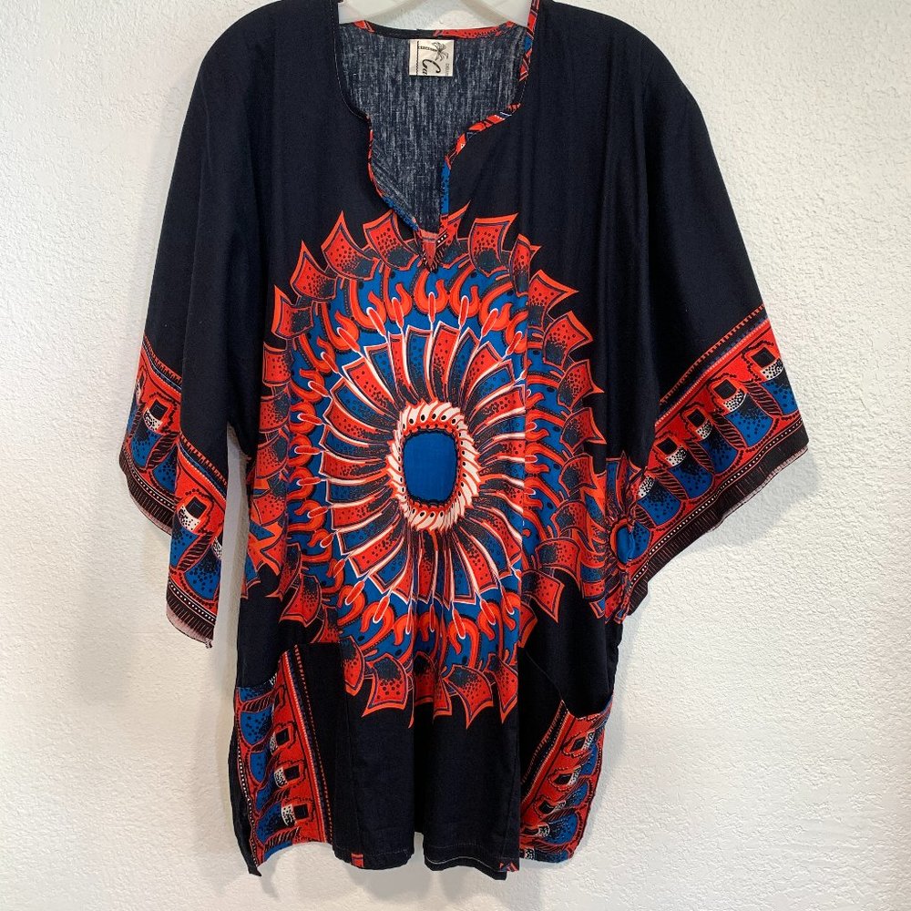 NWOT Carmens Tunic Kaftan Top Made in Barbados Navy MultiColor Bell Slv One Size